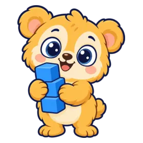 Bo, a yellow bear cub, holding a stack of blue blocks